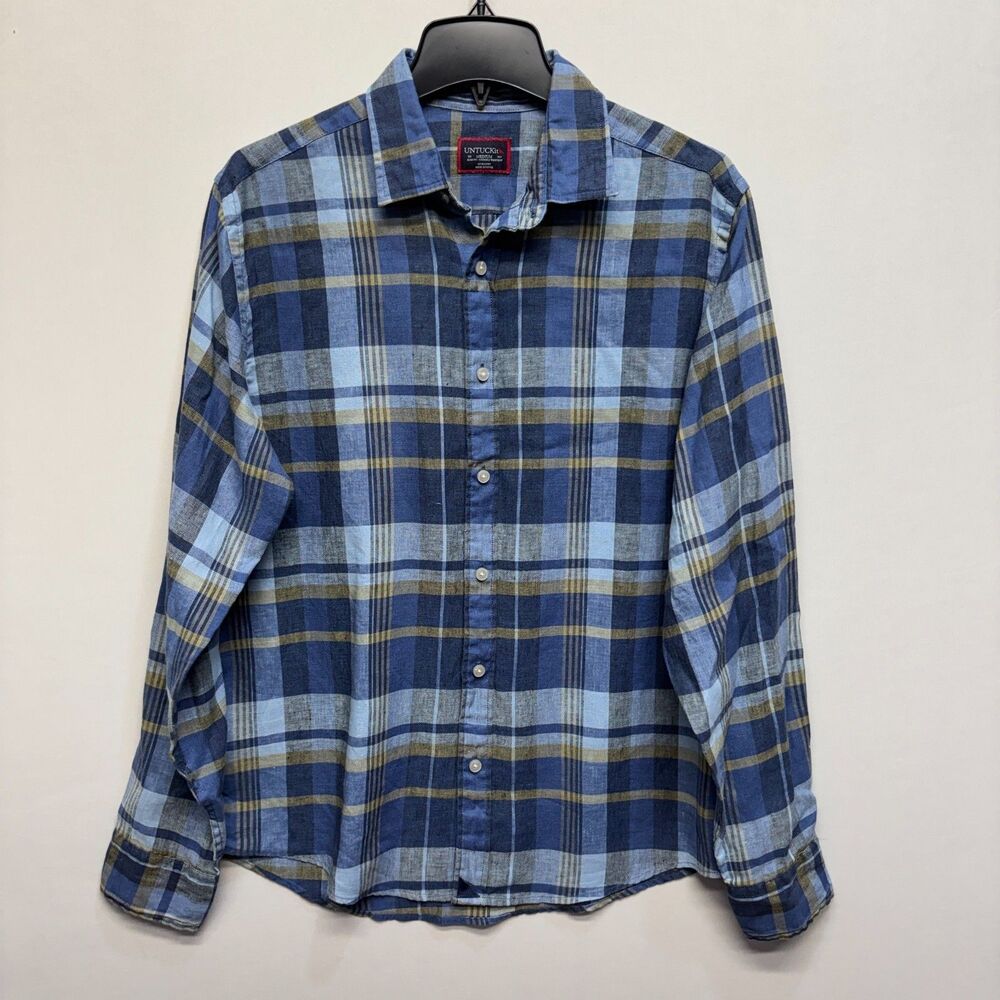 Untuckit Men 100% Linen Button Down Shirt Size Medium Slim Fit Plaid C123 -13